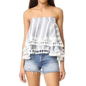 NEW TRYB women's amaris tassel trim embroidered floral strapless top in white/bl
